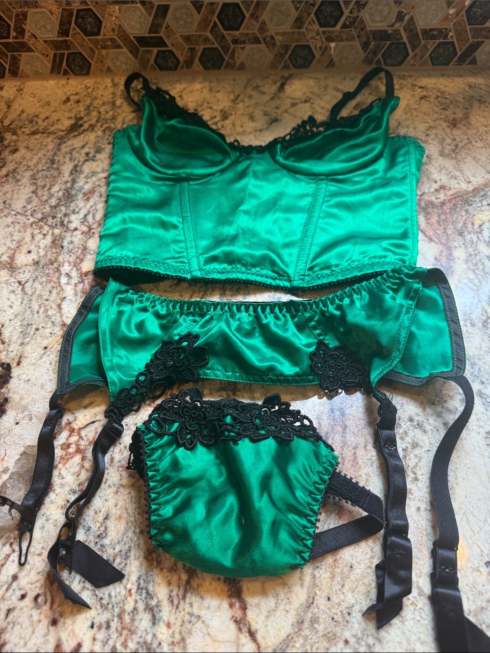Emerald Satin Bustier Set with Black Lace Trim Lingerie